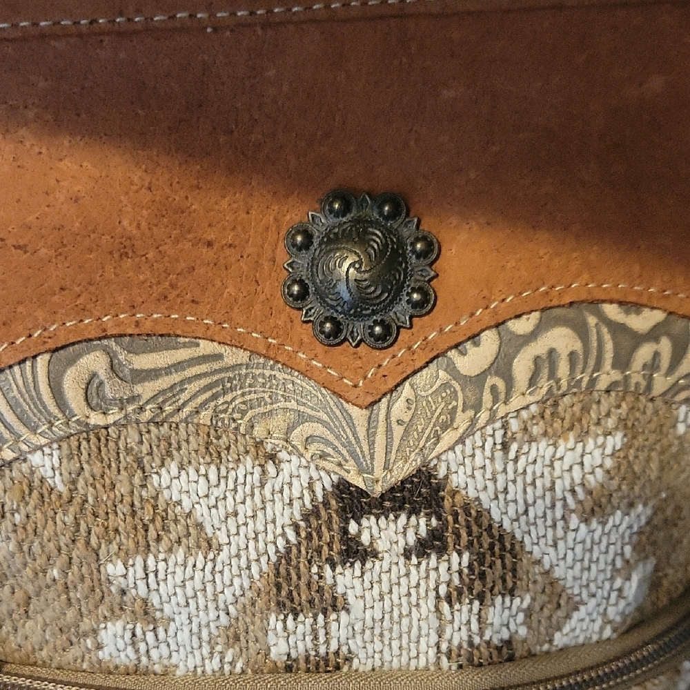 Myra Bag Cotton Vegan Leather Boho Brown Cream Crossbody Bag adjustable strap - Picture 2 of 5